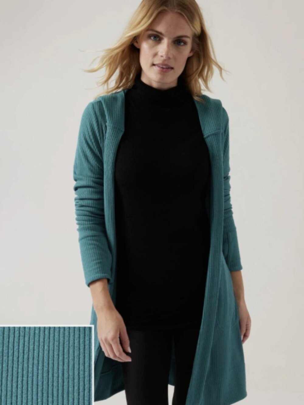 Athleta Harmony Pose Wrap Teal Green Hooded Rib Knit Lightweight Athleisure L